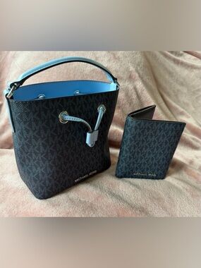 Michael Kors Brown MK Monogram Bucket Bag with Light Blue Trim & Matching Wallet